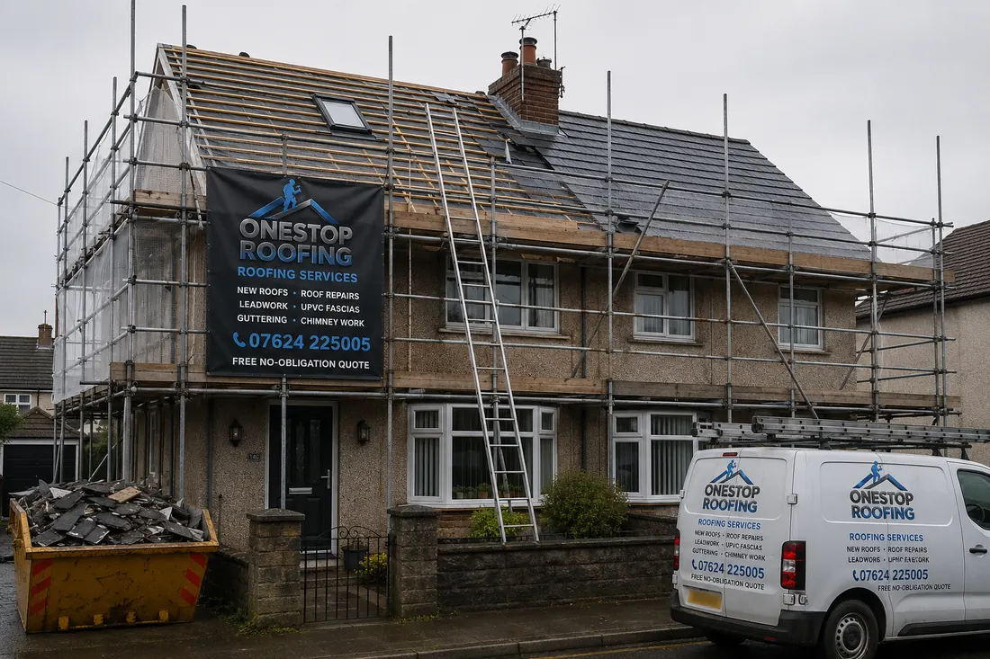 One Stop Roofing van and scaffolding at a full re-roof in progress