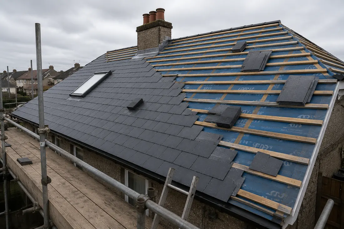 Slate re-roof, tiled section next to exposed felt and battens