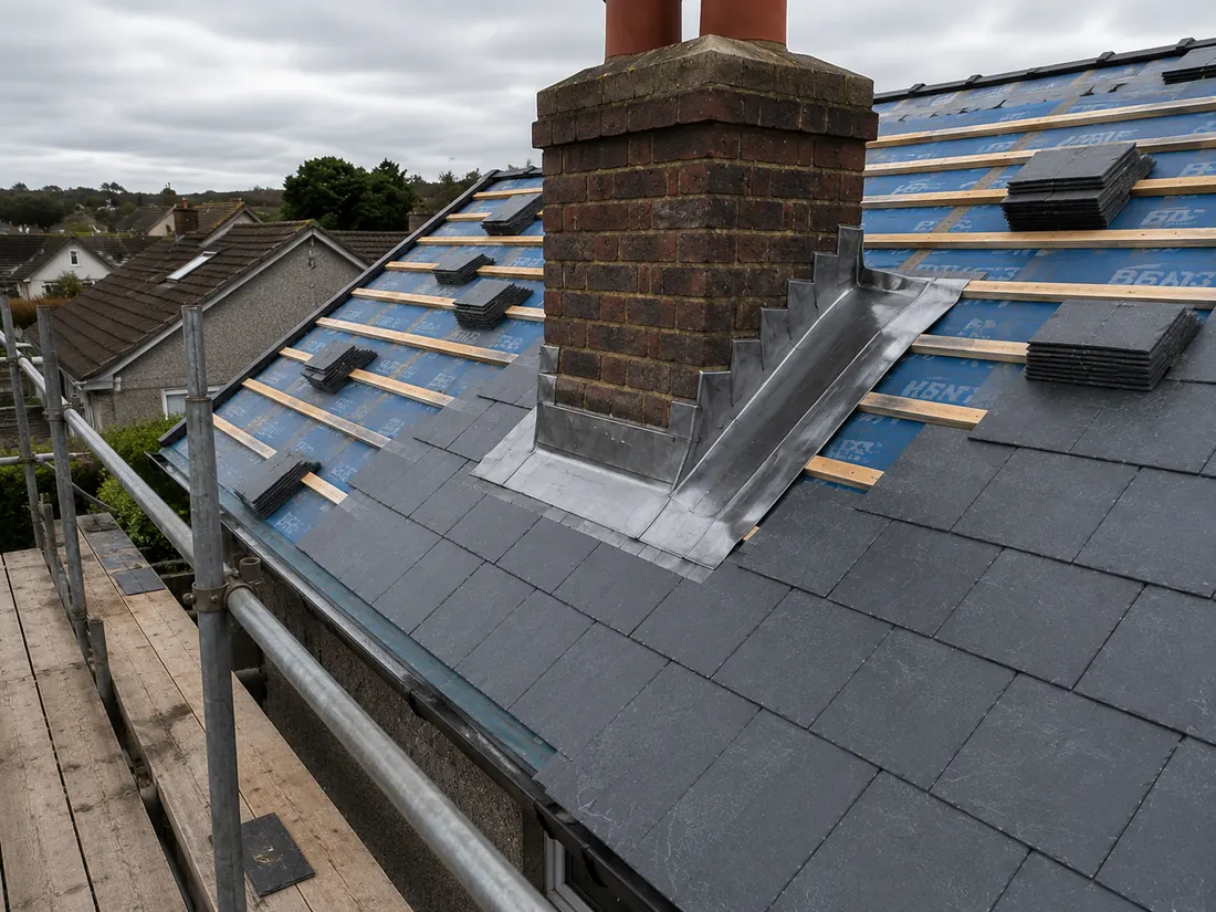 Chimney lead work close-up on a slate roof