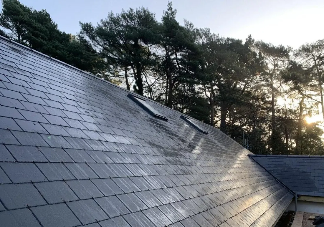 Completed slate roof with skylights