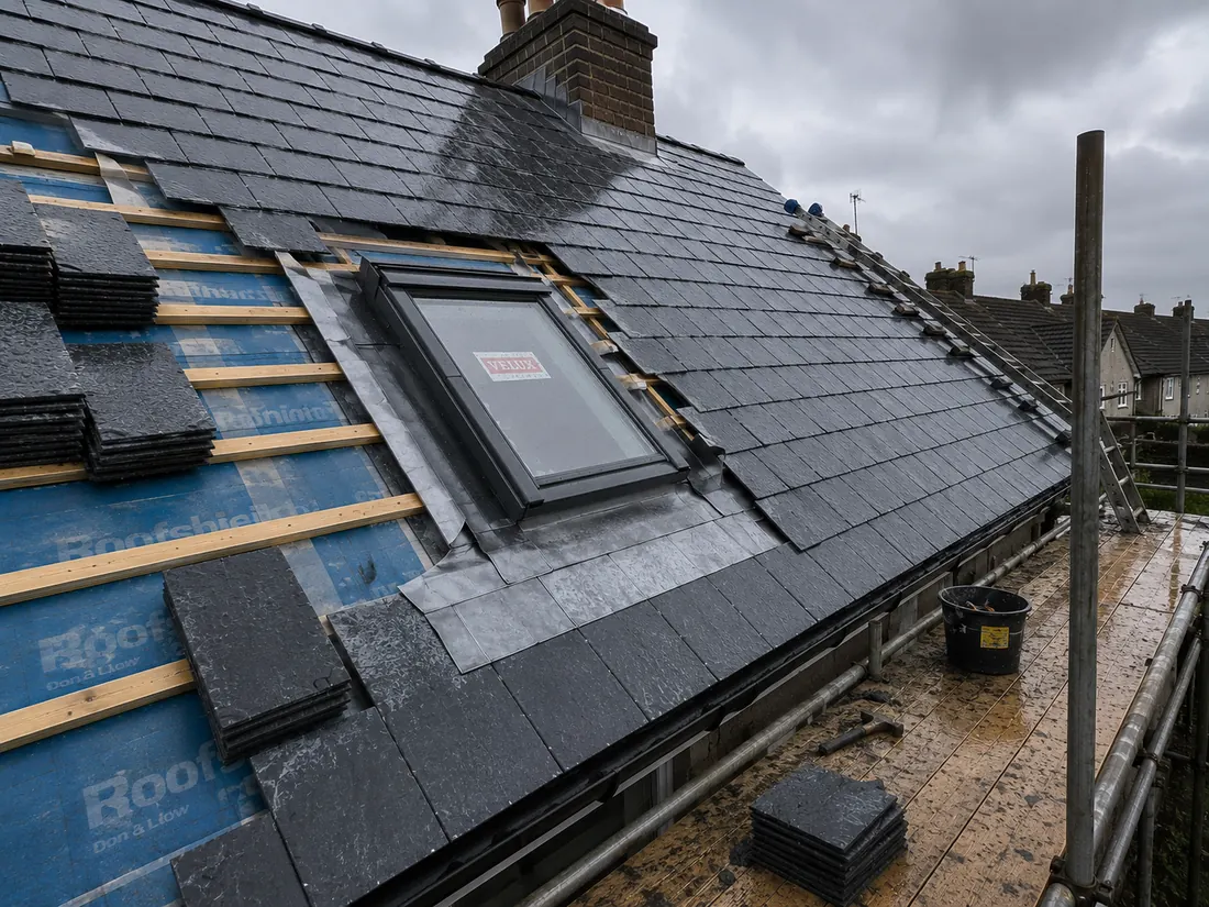 Velux roof window installation in progress